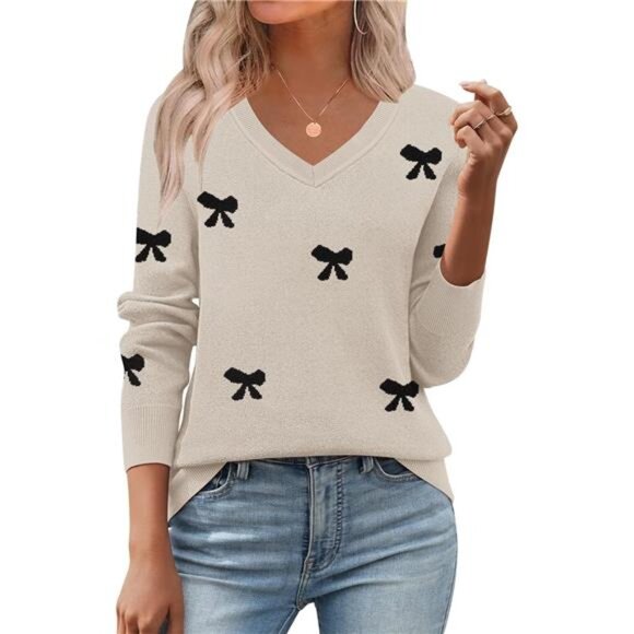 Womens V neck sweater long sleeve ribbed knit lightweight pullover top fall - Picture 1 of 5